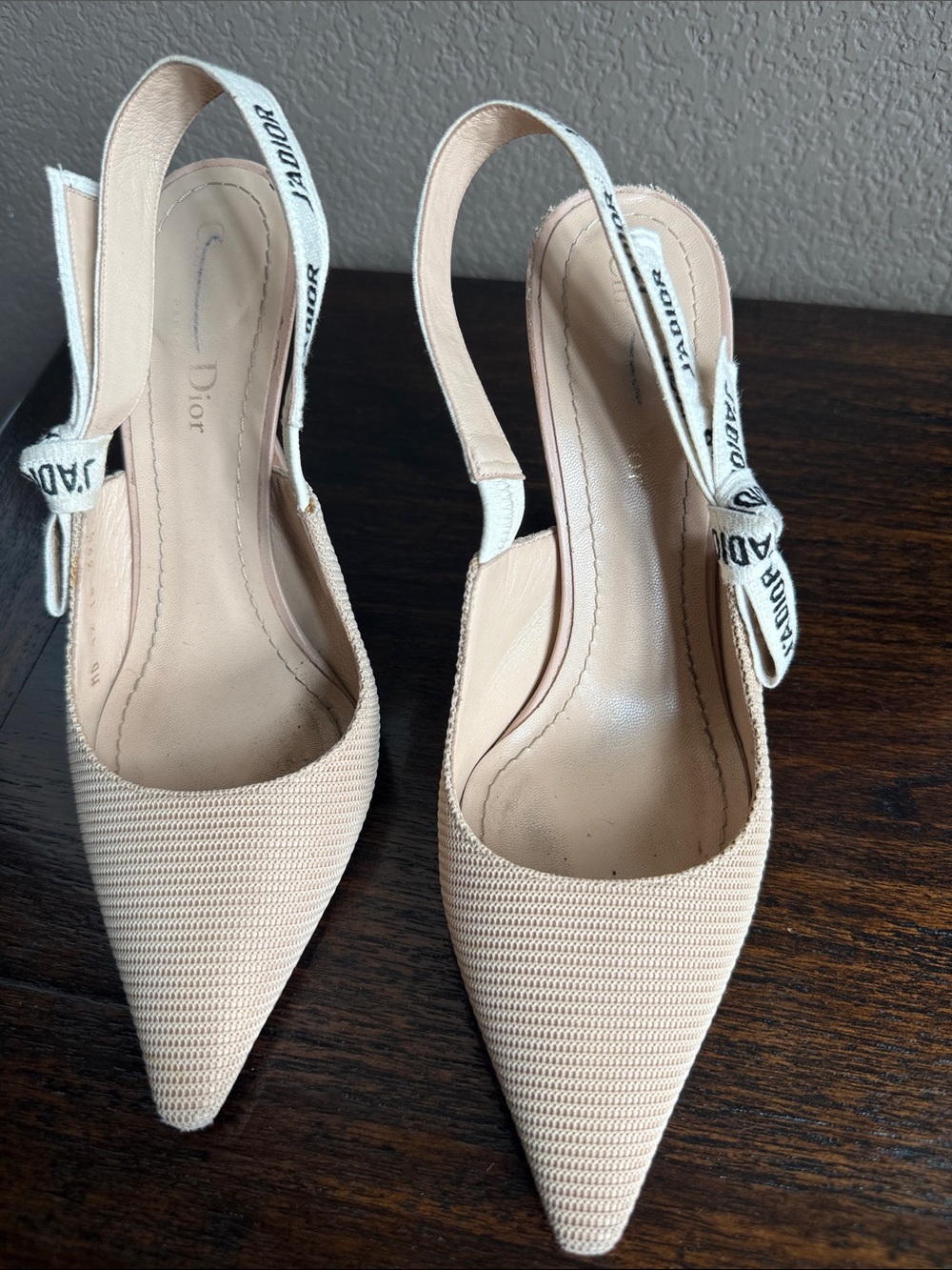 Dior Nude Textured Slingback Pumps with Logo Ribbon